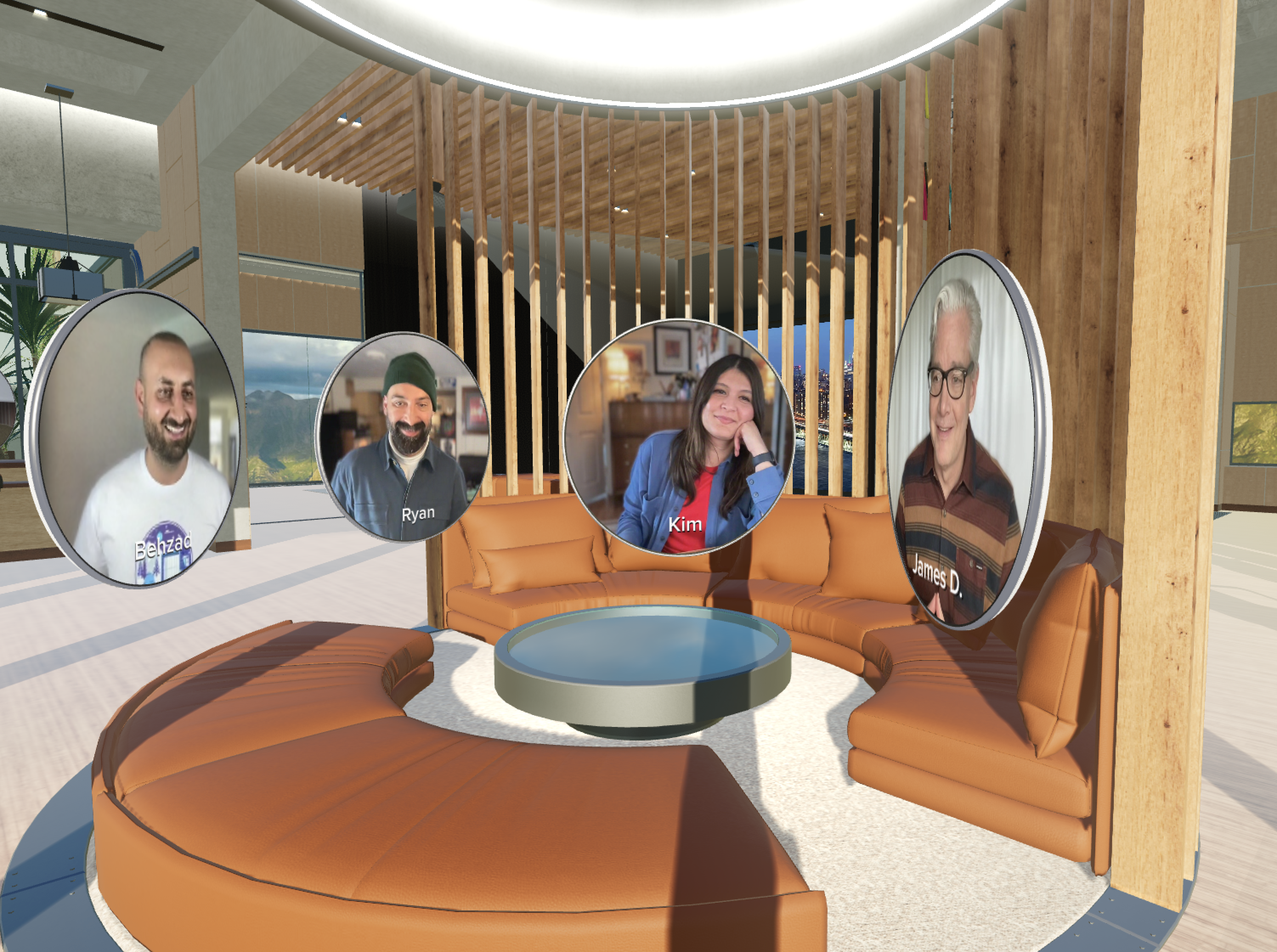 Coworkers sit together on a couch chatting in their Katmai virtual office