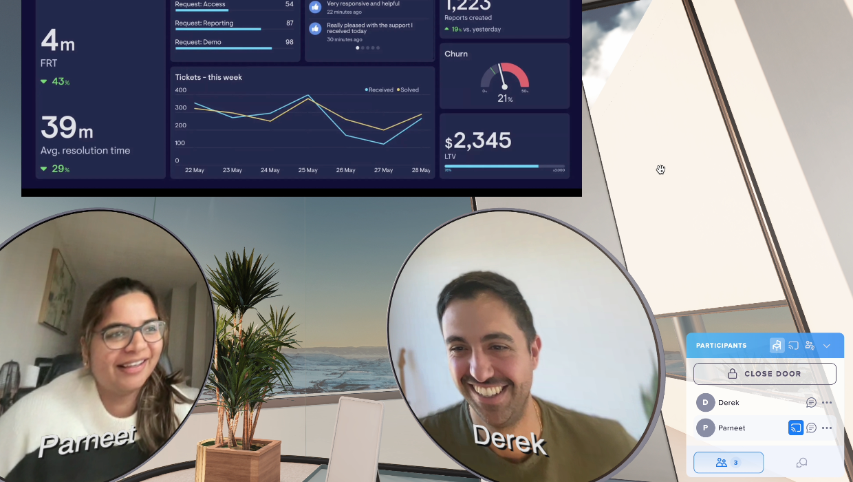 Team members present with live video in a Katmai virtual office