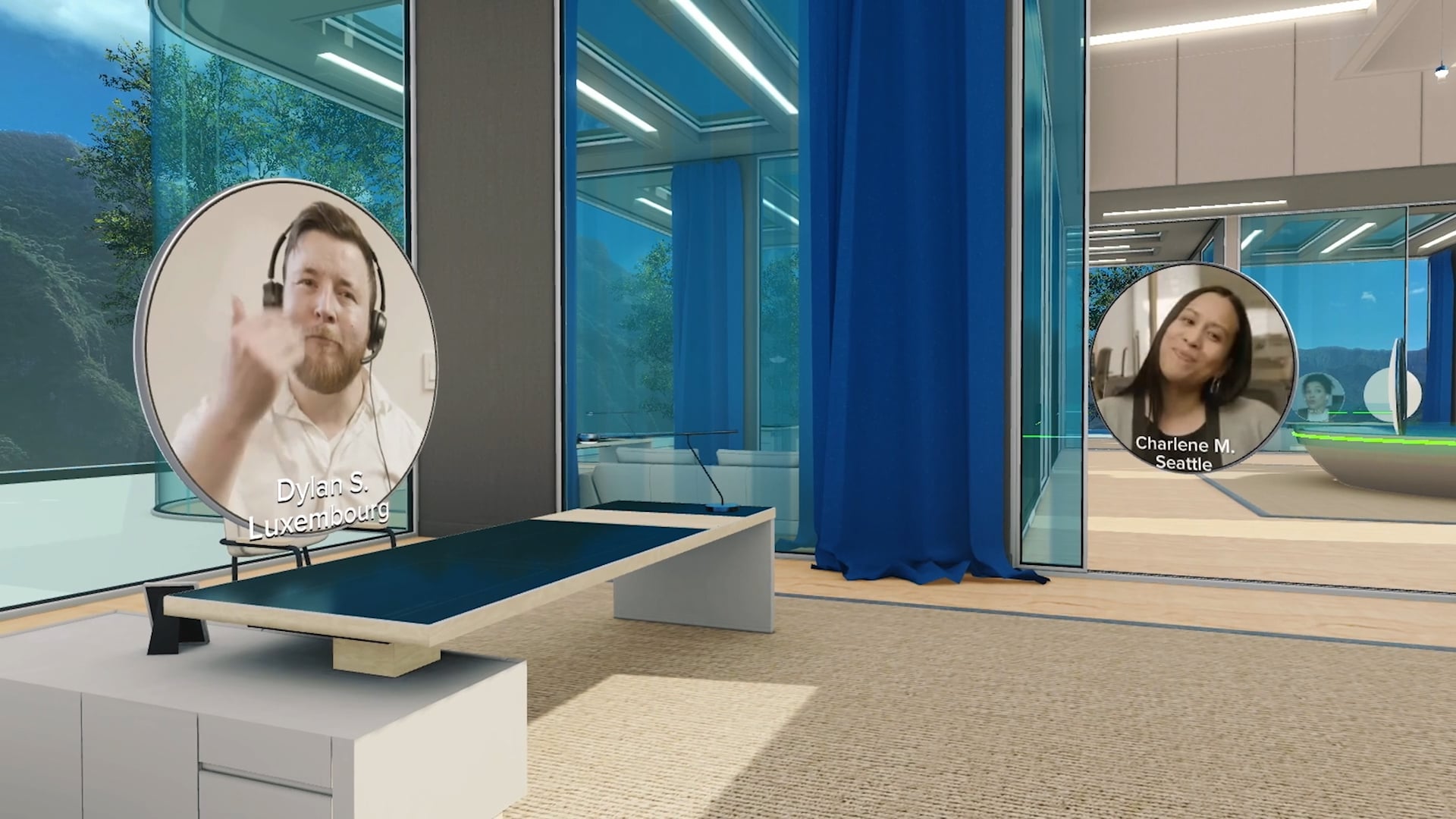 Remote team collaborating at a table in Katmai's 3D virtual office